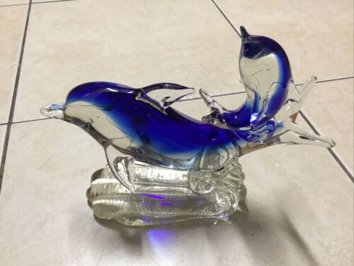 Vintage Large 9.5" X 8" Blue Dolphin Blown Glass Sculpture Murano Style, Heavy
