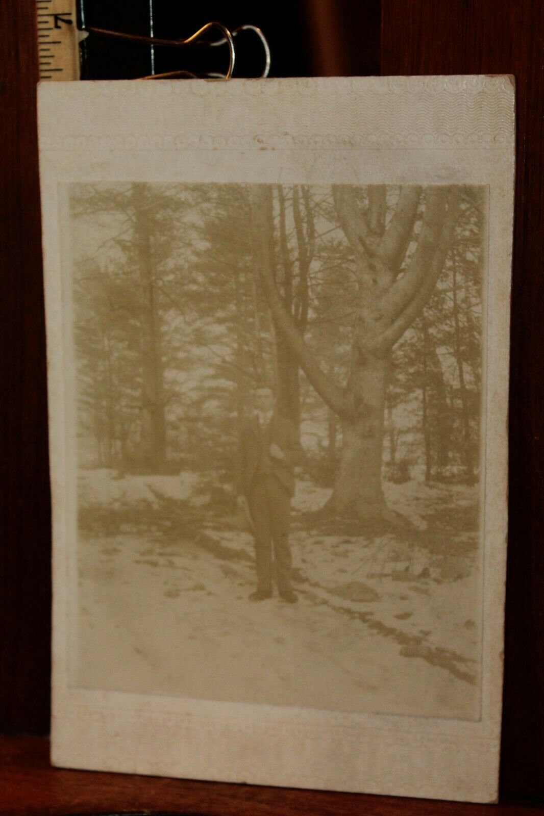 Antique Cabinet Card Photo Young Man Outside in Snow Woods
