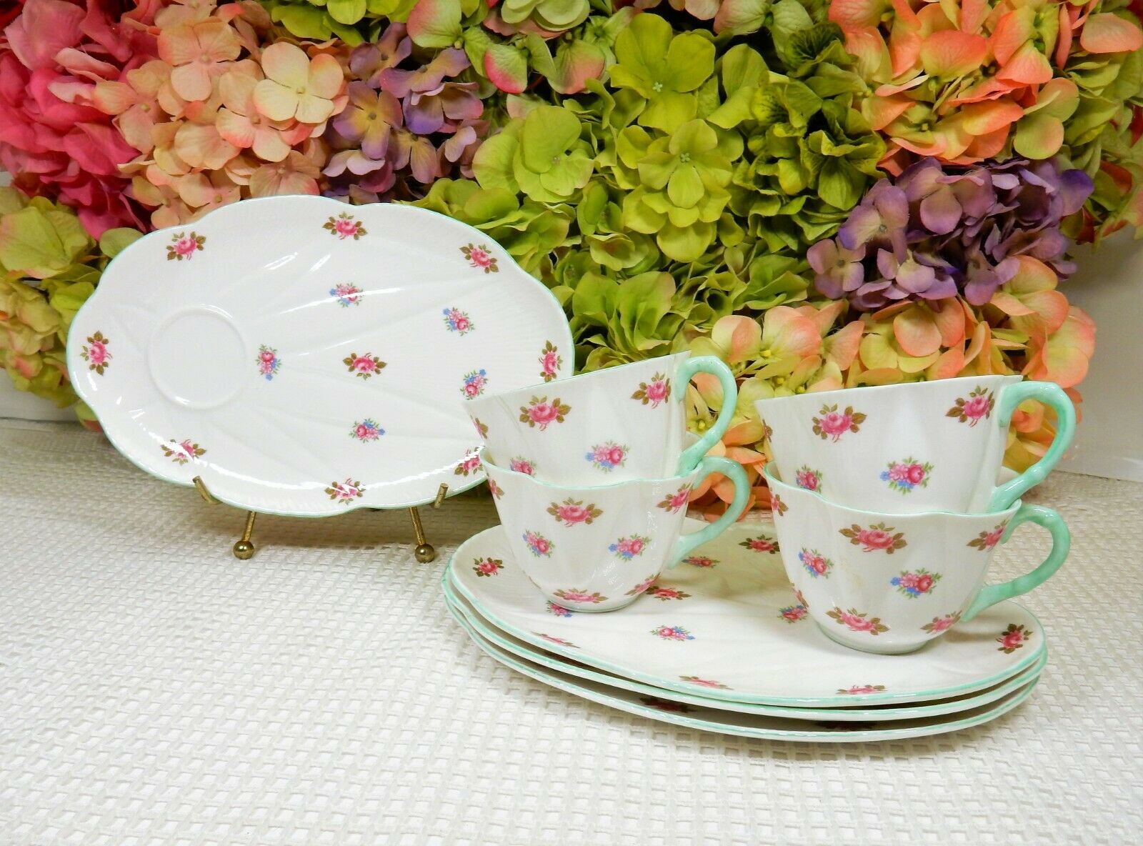 4 Beautiful Shelley China Rosebud Dainty Snack Luncheon Sets Cups ~ Oval Plates