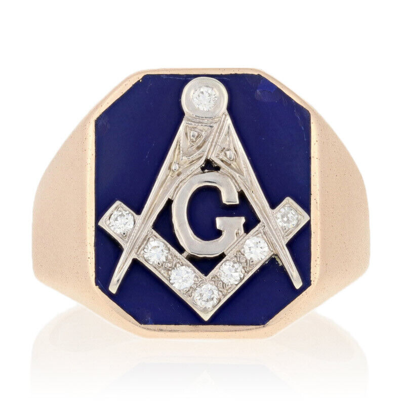 Blue Lodge Yellow Gold Diamond Ring - 14k Round Cut .12ctw Vintage Masonic 8 3/4