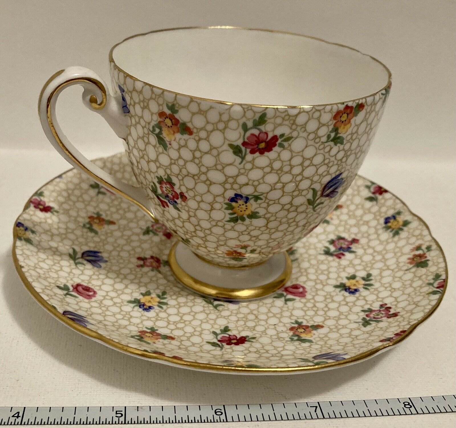 Shelley china teacup saucer set chintz White w/ Gold Roses Pansies 14274 HTF