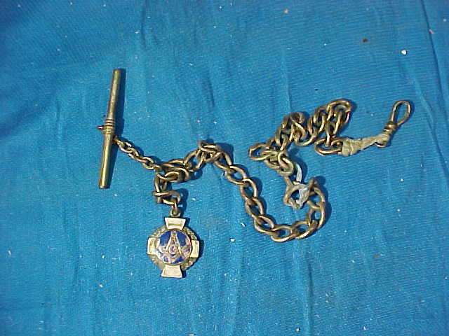 Early 20thc Pocket Watch Chain W Masonic Lodge Enamel Fob