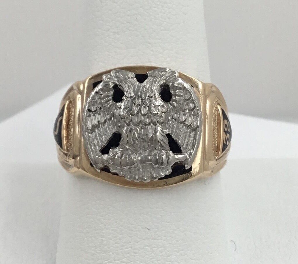 14k Yellow Gold 32nd Degree Black Onyx Masonic Ring Size 9.5