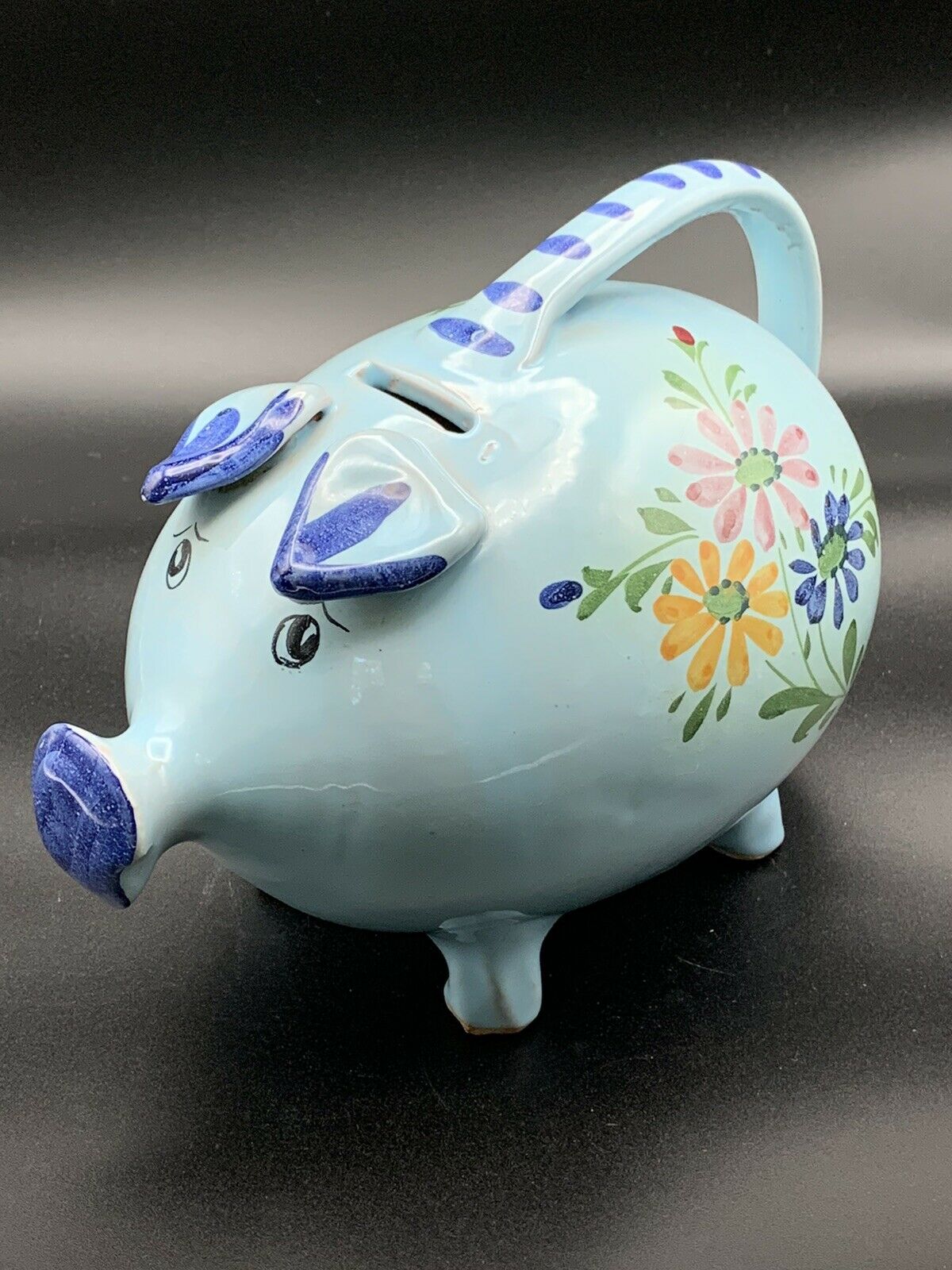 Vintage Large Ceramic Piggy Bank With Flower Design Made In Italy