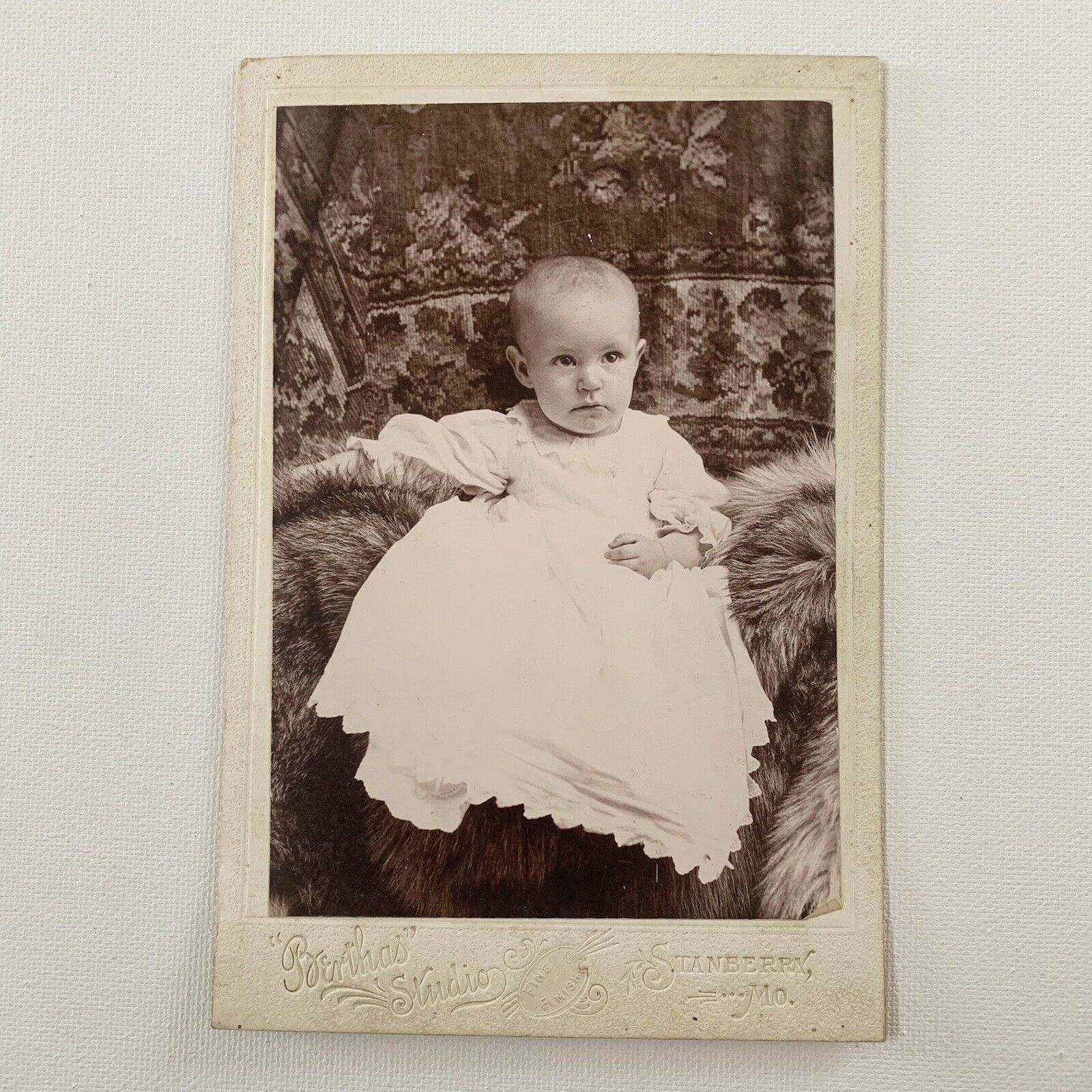 Antique Cabinet Card Photograph Adorable Baby Child Fur Blanket Stanberry Mo