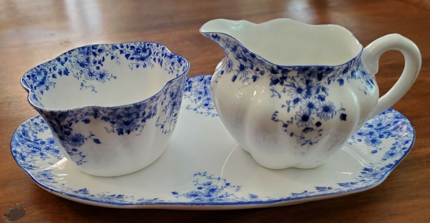 Shelley England Bone China Dainty Blue Sugar Bowl, Creamer and Underplate